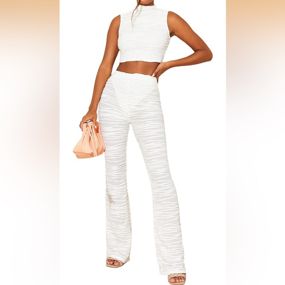Pants - Women's Y2k 2 Piece Pants Outfits Pleated Slim Fit Crop Vest Top Long Pants M